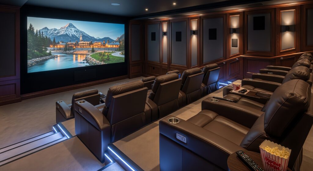 Luxury home theater with tiered leather seating, wood-paneled walls, and a large projection screen.
