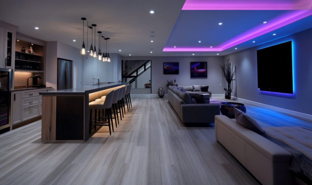 Modern basement with a wet bar, large island, lounge seating, and LED accent lighting.