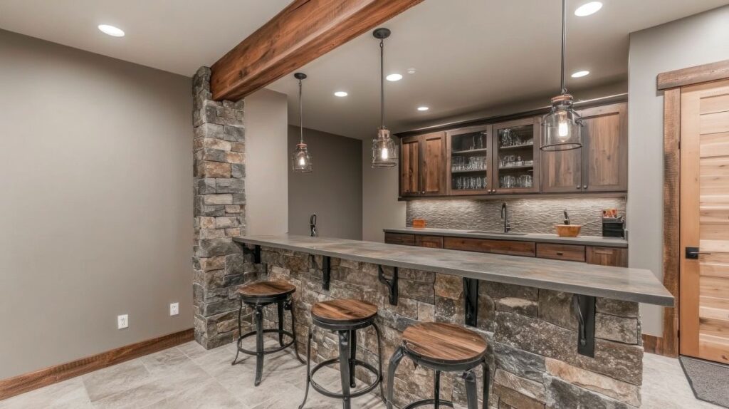 Rustic basement wet bar with stone veneer, wood cabinetry, granite countertop, and three bar stools.