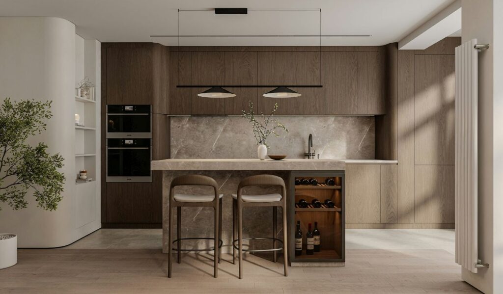 Modern kitchen with wood cabinetry, stone island, integrated appliances, and minimalist lighting.