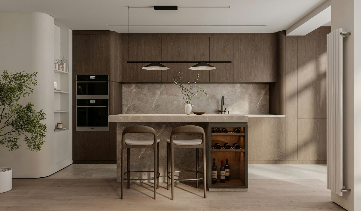 Modern kitchen with wood cabinetry, stone island, integrated appliances, and minimalist lighting.