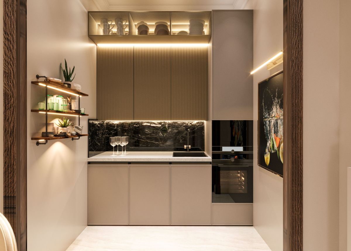 Luxury modern wet bar with custom cabinetry, marble backsplash, and warm LED lighting.