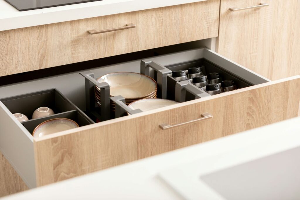 Custom kitchen drawer organizer with storage for dishes, utensils, and accessories.